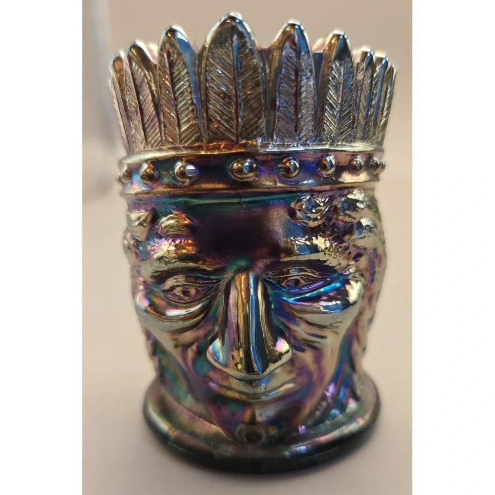 VTG Toothpick Holder St. Clair 1968 Purple Iridescent Indian Head Carnival Glass